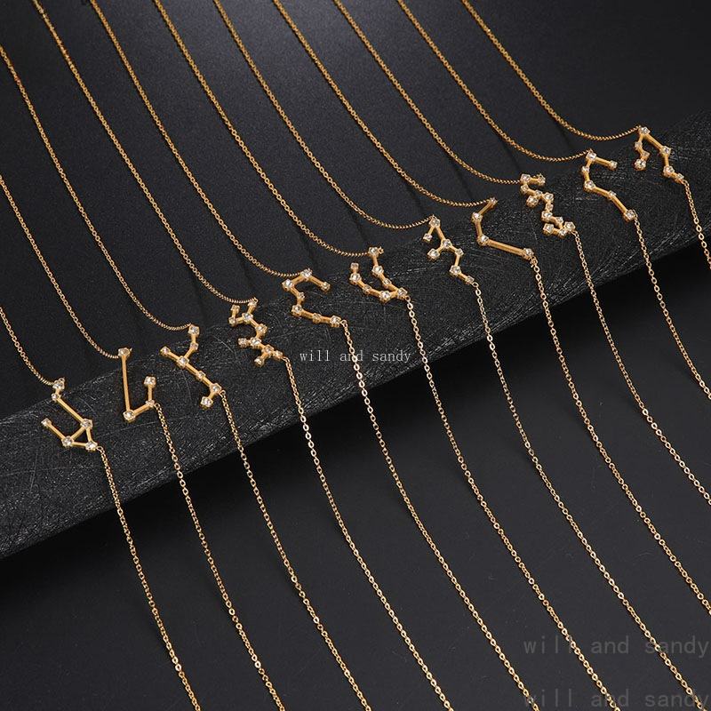 18k Gold Zodiac Sign Necklace Stainless Steel Cubic Zircon Diamond Astrology Personalized Horoscope Necklaces for Woman Fine Jewelry Gift