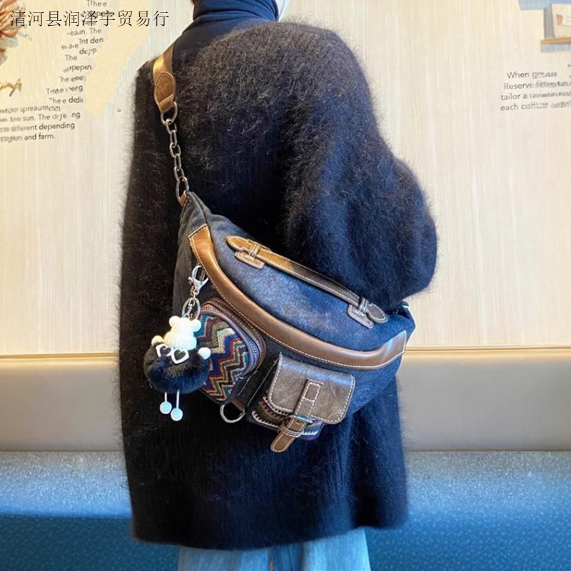 Free Shipping Designer Luxury Vintage Denim Fabric Chest Bag Women's Crossbody Waist Bag Ethnic Style Large Capacity Casual Versatile Trendy Dump