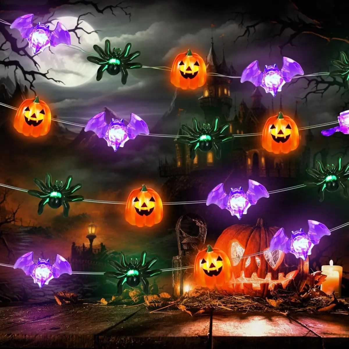 1pc LED Halloween Pumpkin Spider Bat String Light Battery Operated Waterproof Indoor And Outdoor Spooky Atmosphere Hanging Decoration XJ250710