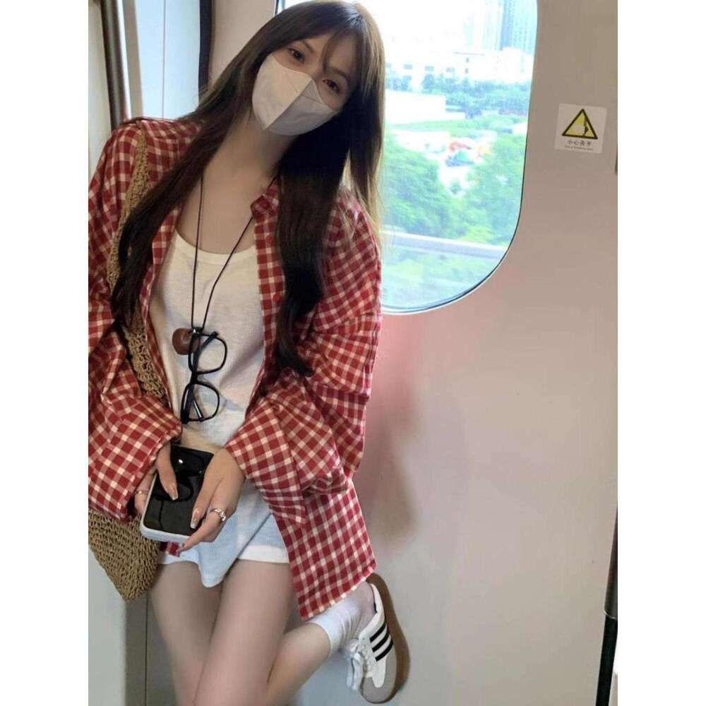 Red Plaid Long Sleeve Top For Women Spring Autumn New French Style Lazy Loose Casual Shirt Jacket B5