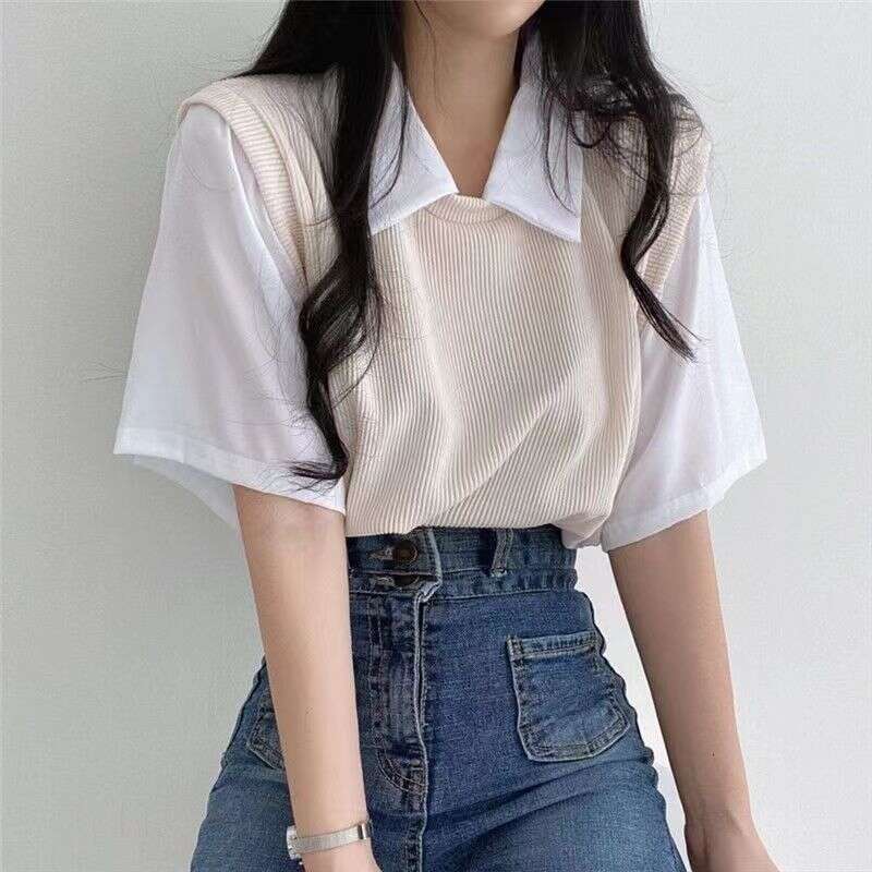 Summer Polo Collar Fake Two-Piece College Style Color-Block Short Sleeve T-Shirt For Women Loose Casual Versatile Top Ins B5