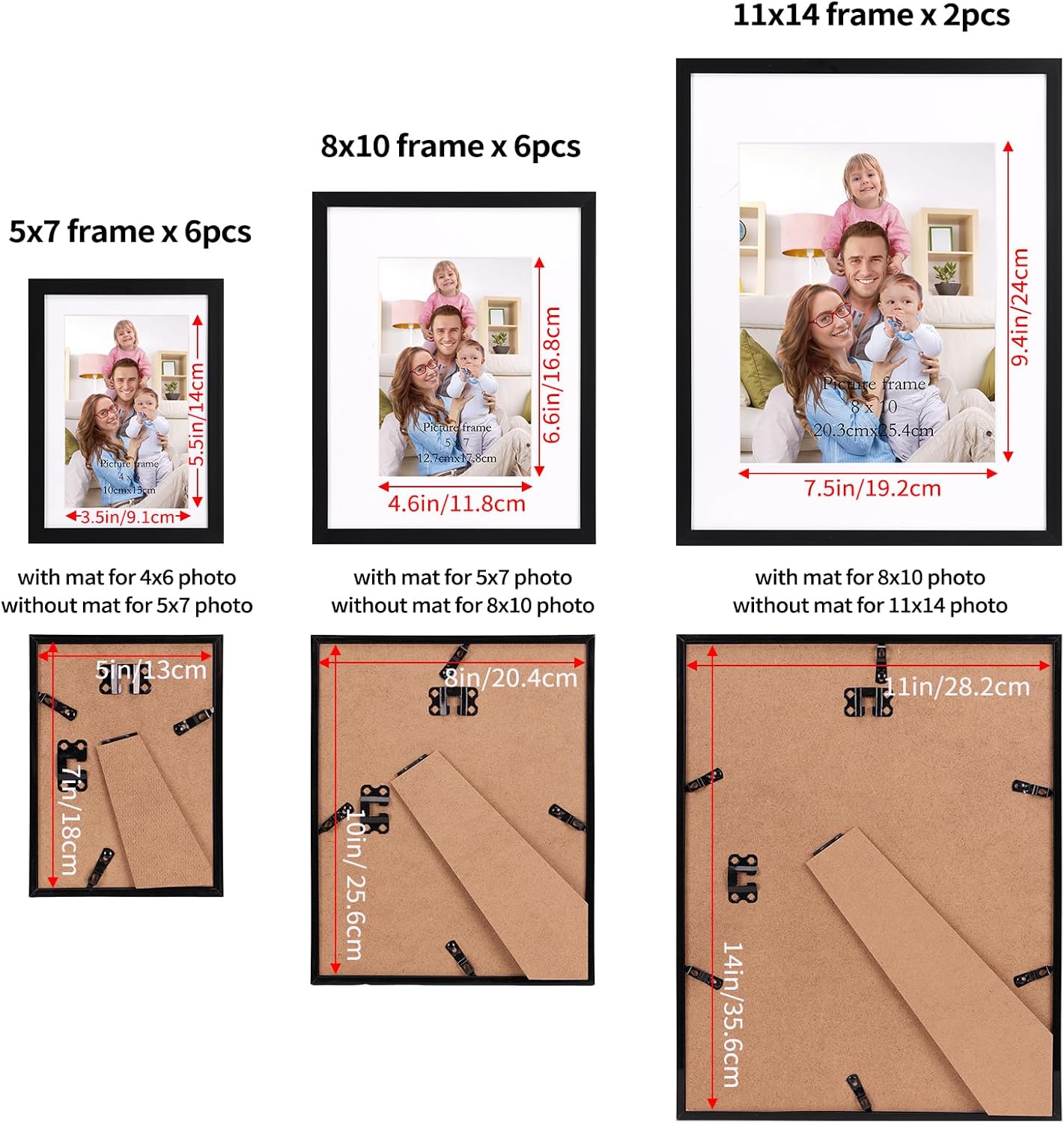 14 Pack Black Picture Frames with Mat for Various Sizes Photos, Assorted Matted Frame Set Including Two 11x14, 8x10, Six 5x7 H260306