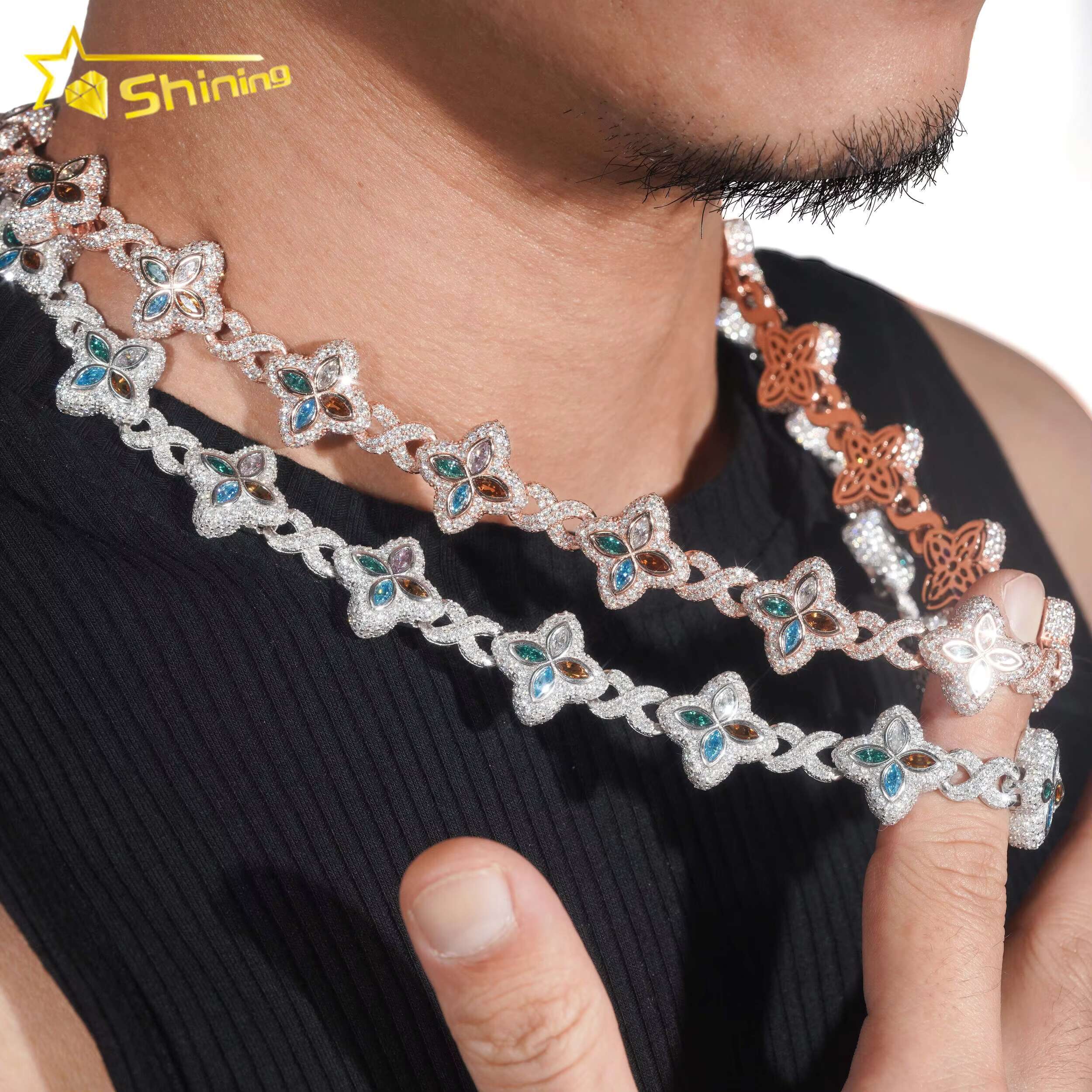 Top Quality New Arrival 15MM 925 Sterling Silver Hip Hop Jewelry Iced Out Chain Cuban Link Chain Colored Moissanite Necklace