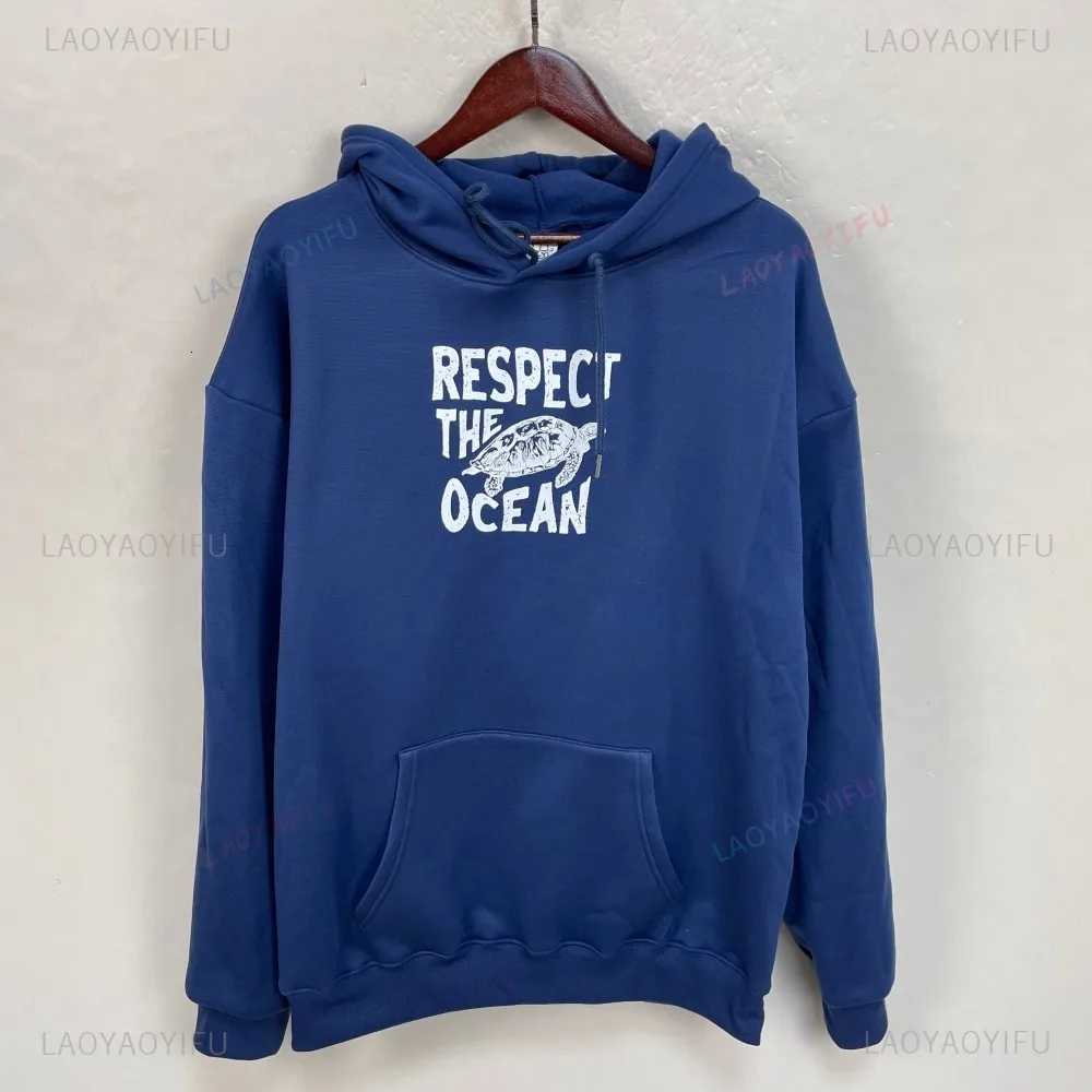 Respect The Ocean Hoodie - Ocean Surf Hoodie Carolina Blue Hoodie Words On Back Turtle Sweatshirt For Outdoor Enthusiasts Y250710