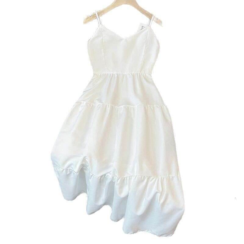 French Style White Strap For Women Summer New Simple Elegant Petite Slim Long Dress B5
