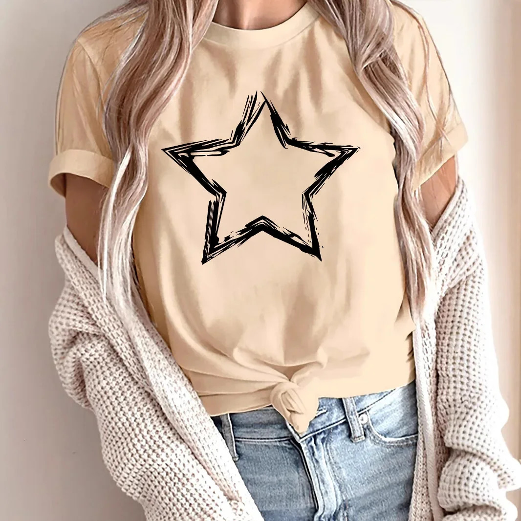 Womens Fashionable Casual T-Shirt Style Drawing Star Printing Round Neck Short Sleeves Polyester Fabric Crossbody Top 250703