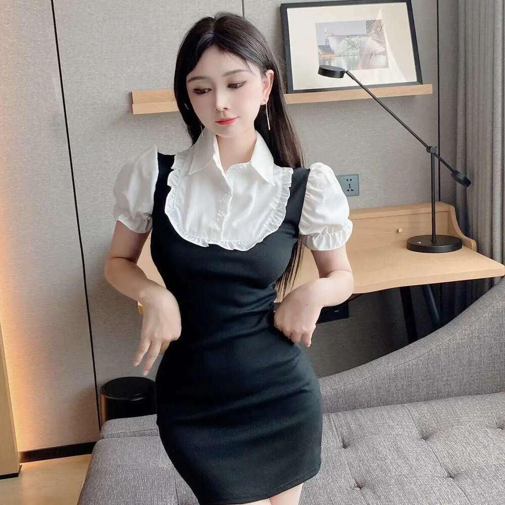 Spicy Girl College Style Fake Two-Piece Sleeve Shirt Summer New Design Waist-Cinching Slimming Bodycon Short Dress B5