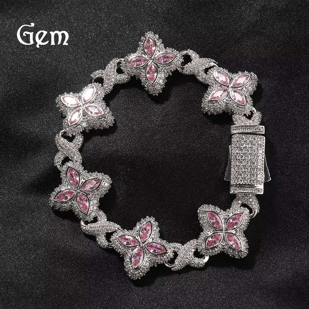 Hip Hop Rap Style Four-leaf Clover Charm Bracelet Cool Ruffian High Sensitivity 5A Moissanite Color Handmade Brass Diamond for Gifts