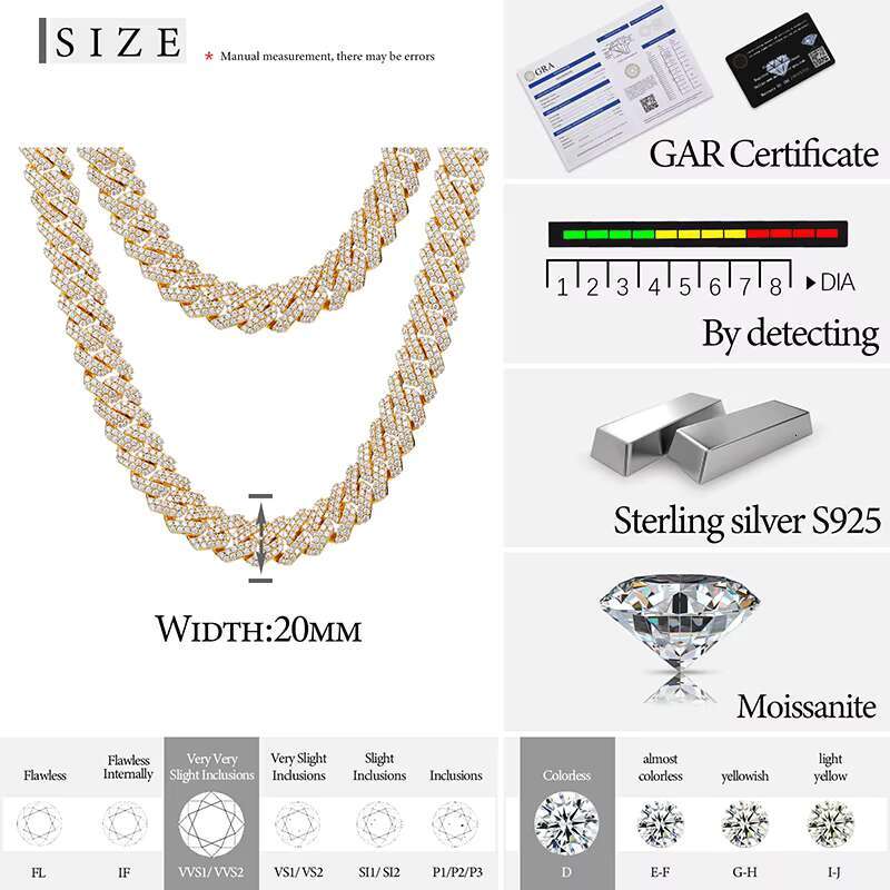 20mm Cuban Chain Real 925 Sterling Silver Hand Setting Moissanite Vvs Diamond Cuban Link Chain Necklace With Box Clasp