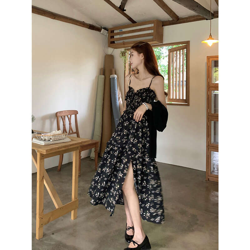 Fresh And Sweet French Style Black Floral Strapless Tube For Women, Summer Waist-Cinching Slimming Mid-Length Dress B5