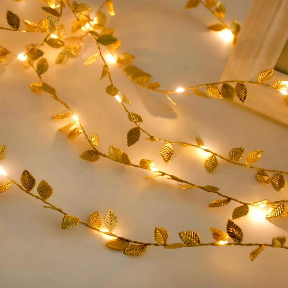 2M 20LED Golden Artificial Leaf String Lights Fairy Lights for Home Bedroom Living Room Patio Steps Theme Party Decoration XJ250710