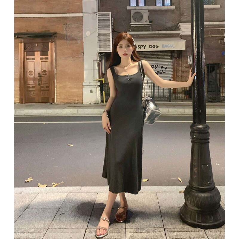 Spicy Girl Strap For Women Summer New Plus Size Sleeveless High-End Waist-Slimming Mid-Length Dress B5