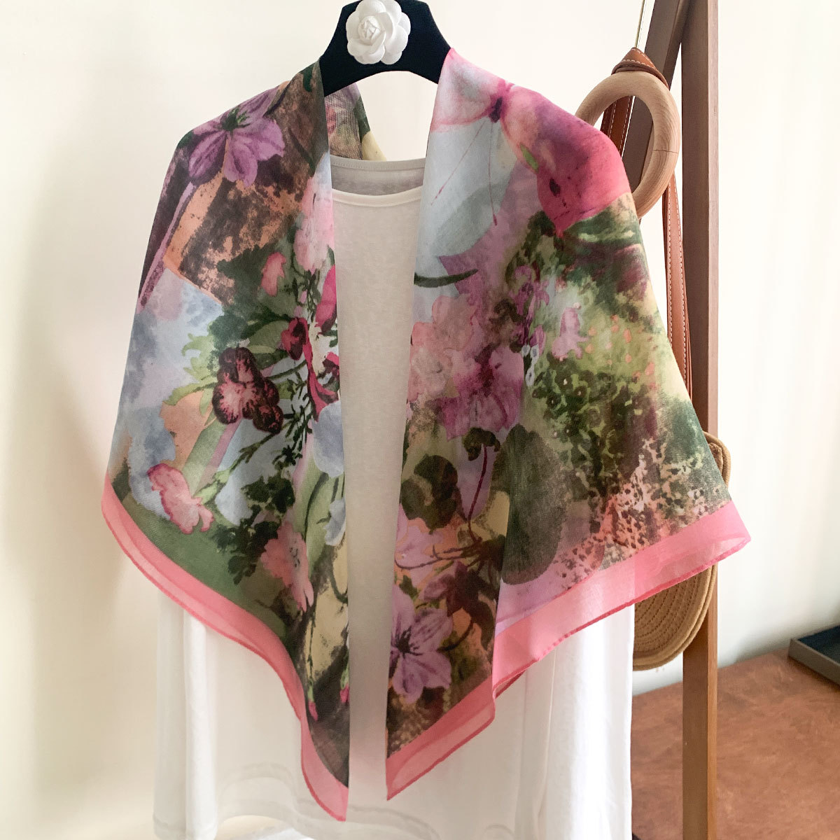 K1310 Silk scarf women's new pink flower print imitation silk cotton sunscreen shawl women's thin versatile fashion large square scarf