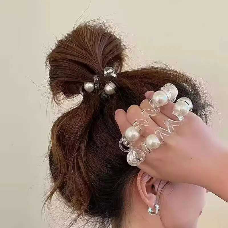 Phone Cord Hair Tie Ring Scrunchies Pearl Beads Clear Telephone Wire Elastic Hair Bands Ponytail Holder Women Hair Accessories Y250711
