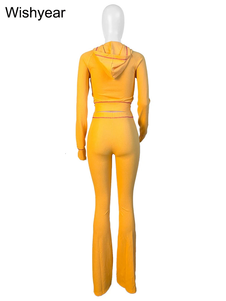 Fashion Yellow Long Sleeve Hooded Crop Jacket Top and Jogger Flare Pants Two 2 Piece Set Women Sweatsuit Tracksuit Matching Suit 250709