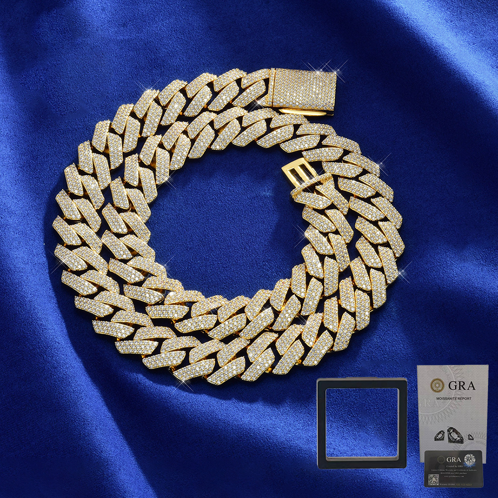 S Sier Moissanite Cuban Chain High-Quality 18mm Three-Row Dia Hip-Hop Necklace