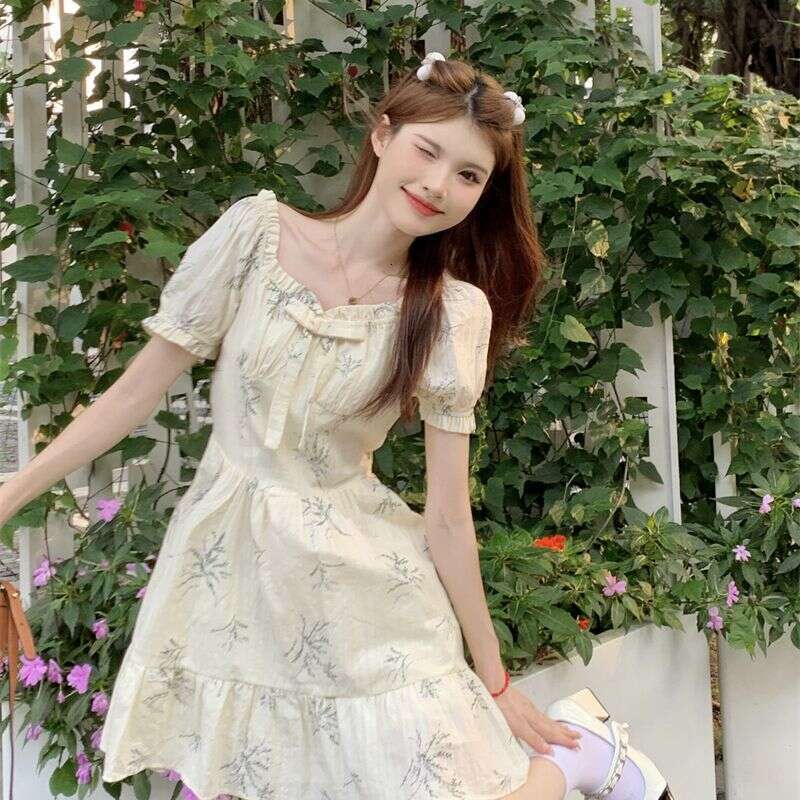 French Style Square Neck Bow Floral Women, Waist-Cinching, Elegant Design, Petite Short Dress For Summer B5