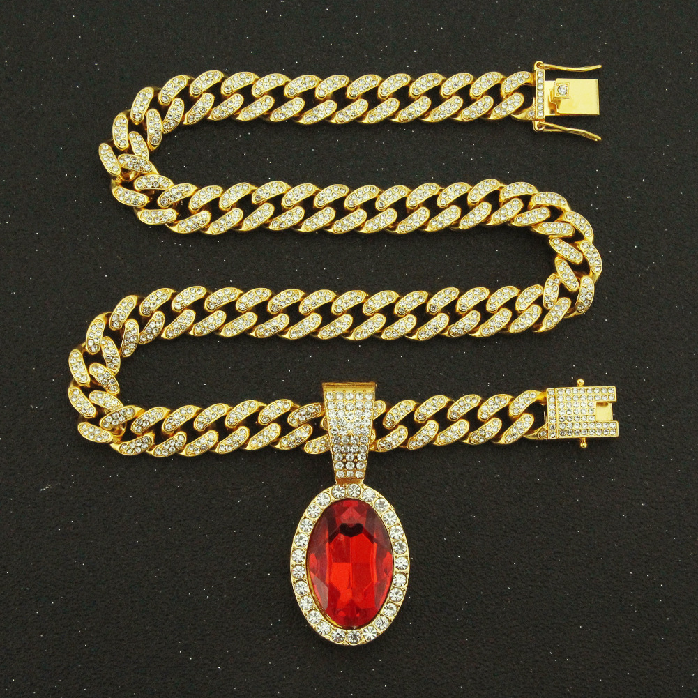 Luxury Jewelry Designer Jewelry European And American Hot-selling Ruby Oval Pendant Large Buckle Chain Necklace Men's Hip-hop Street Dance Access