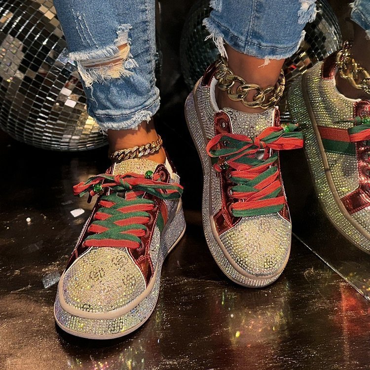 Full Diamond Thick Sole Sneakers for Women Spring Color Block Embroidered Large Size Casual Sports Shoes for Women 250711
