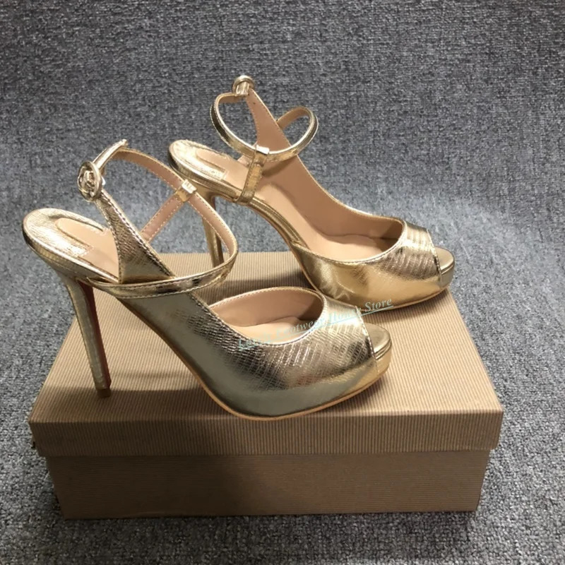 Lovely Gold Leather Woman Stiletto Heel Sandal Shoes Peep Toe Buckle Ankle Strap Female Thin High Summer 250703