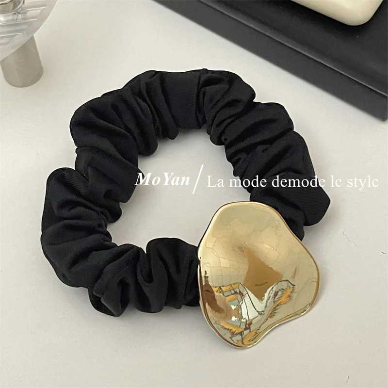 Black Scrunchies Geometric Metal Gold Color Hair Ties Elegant Silk Elastics Hair Band Solid Color Scrunchies for Women and Girls Y250711