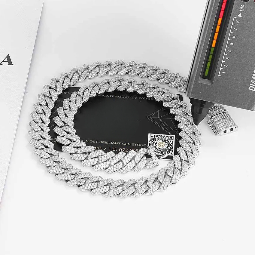 14MM wide 2 rows dia necklace designer for men high quality cuban link rock rapper hip hop gold plated stainless steel jewelry moissanite chain