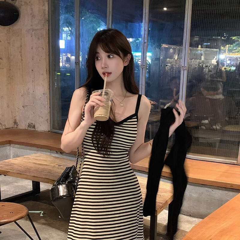 Summer New Pure Desire Style Hot Girl Black Striped Strap Slim Fit Elegant Long Dress For Women B5