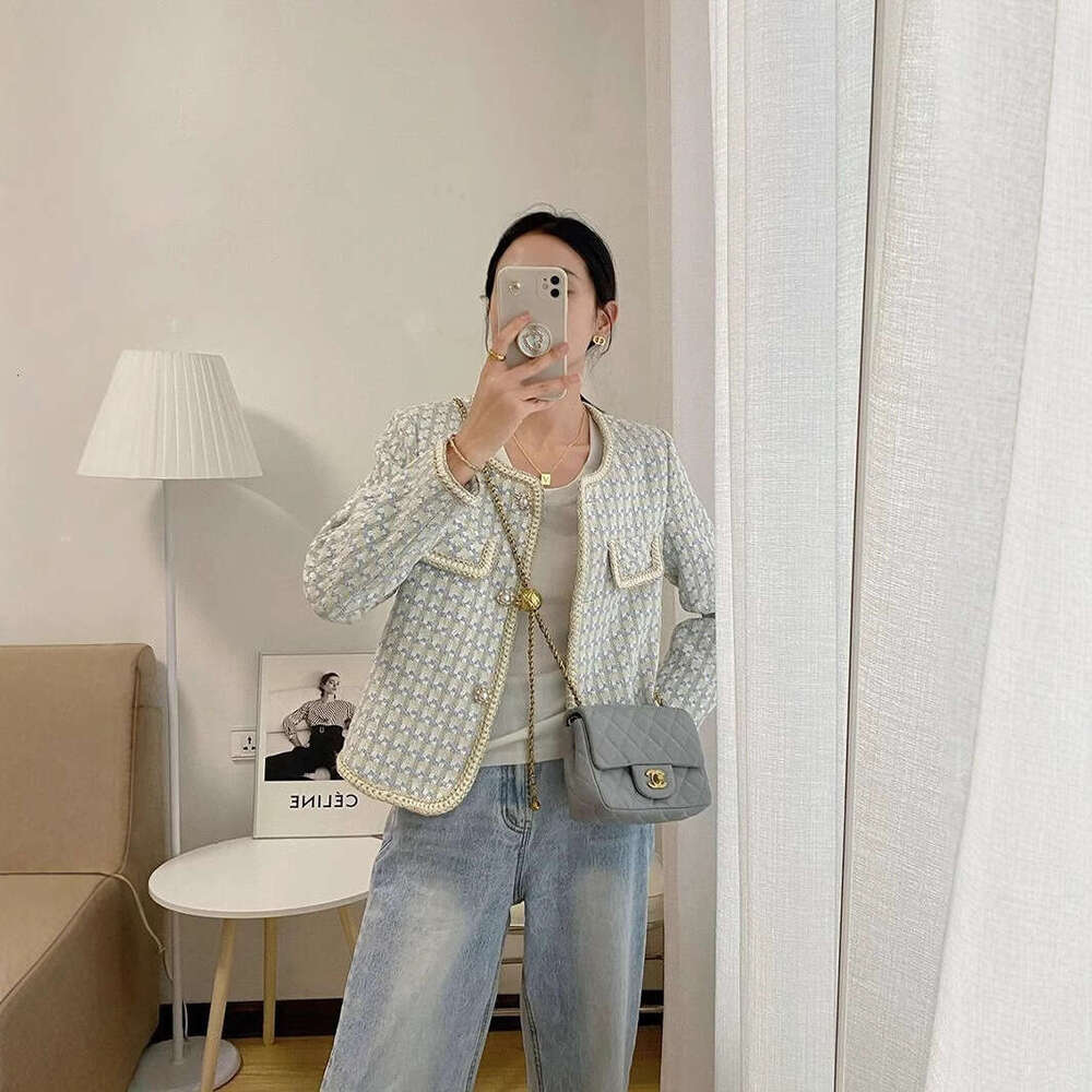 Spring And Autumn New Light Blue French Tweed Petite Elegant Short Jacket For Women B5