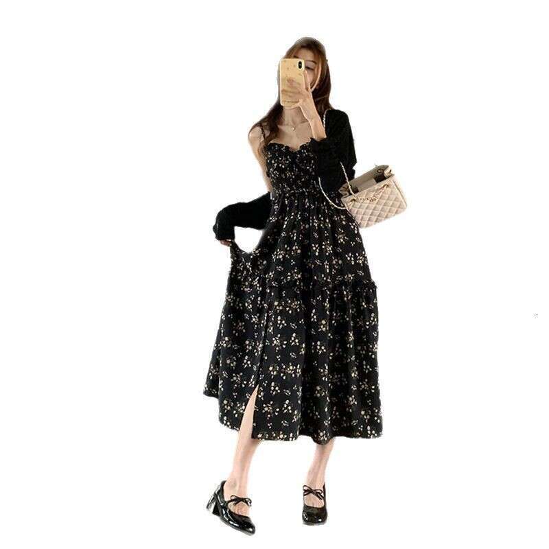 Fresh And Sweet French Style Black Floral Strapless Tube For Women, Summer Waist-Cinching Slimming Mid-Length Dress B5