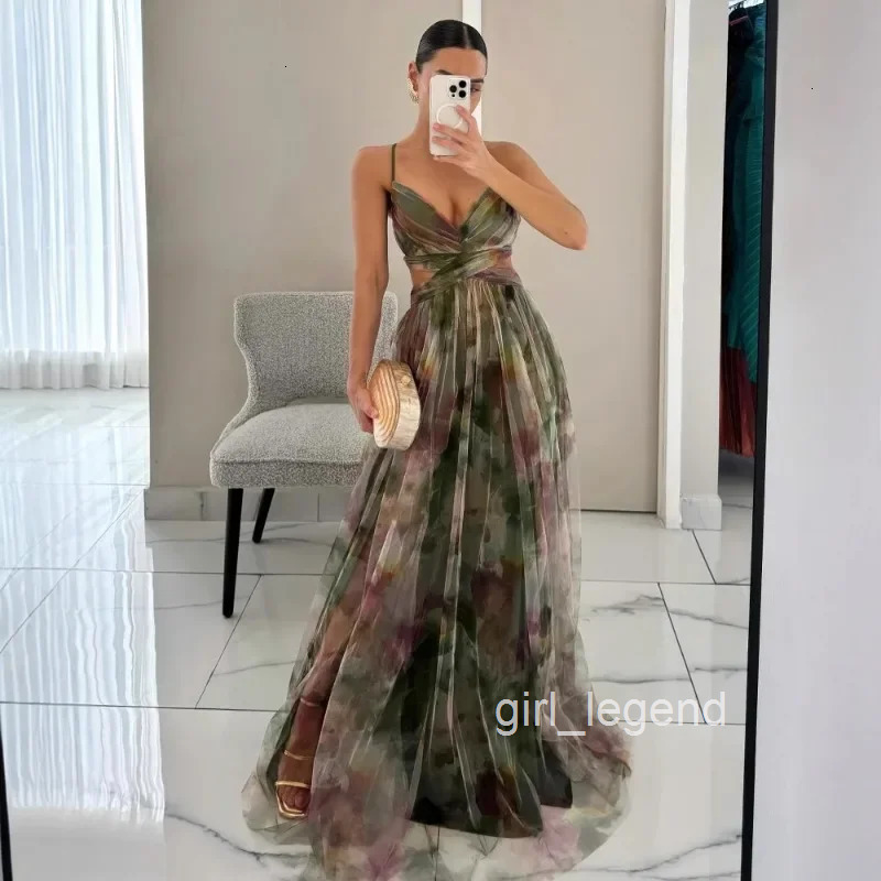 Vneck sexy hollow party dress womens summer fashion print Maxi sleeveless lace top Vestido