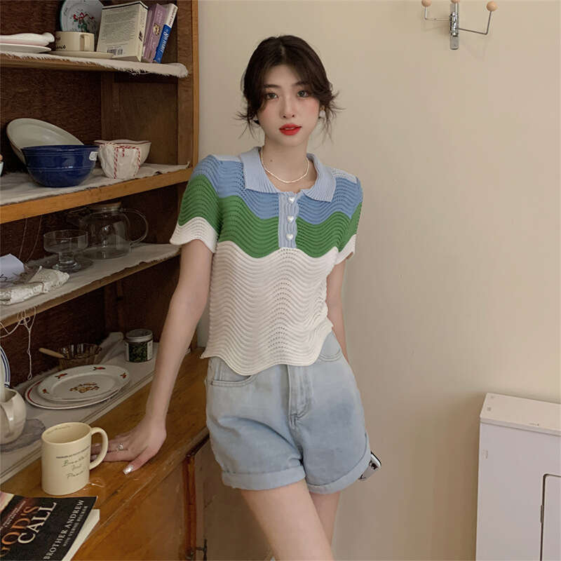 Gentle Style Polo Collar Sleeve T-Shirt For Women, French Niche Wave Pattern Short Chic Knitted Top B5