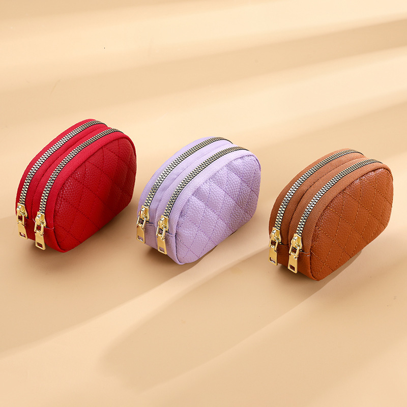 New Handheld Mini Womens Wallet Diamond Stitching Double Zipper Coin Purse PU Leather