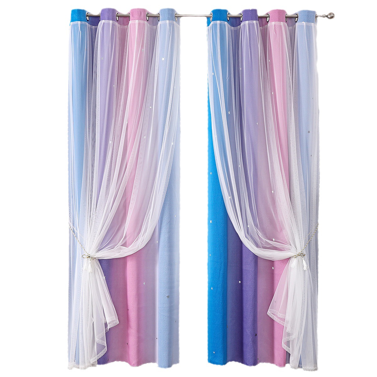 YL-36514 Morandi double curtain rainbow gradient stripe finished cloth yarn integrated blackout curtain