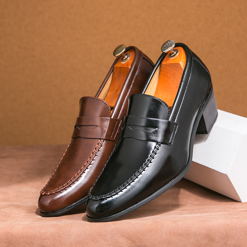 505- New Fashionable Retro Height Increasing Cuban Business Casual Shoes, European and American Pointed Leather Shoes, One Step Formal Men's Shoe
