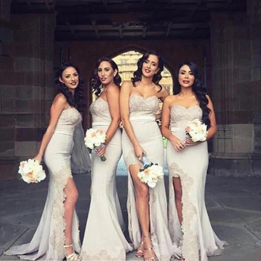 Long Bridesmaid Sexy Sweetheart With Lace Applique Evening Dresses Side Split Sweep Train Custom Made Back Zipper Dresses For Wedding