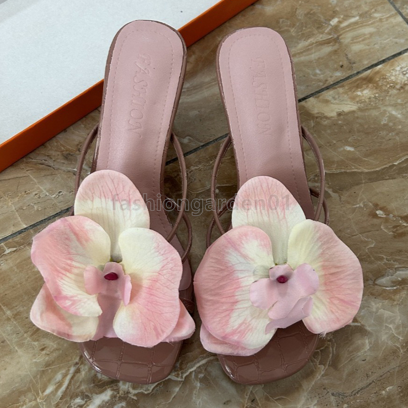 designer sandals women heels sandal summer beach slip-on slides mid high heel slippers comfort leather fashion flower womens luxury sandale