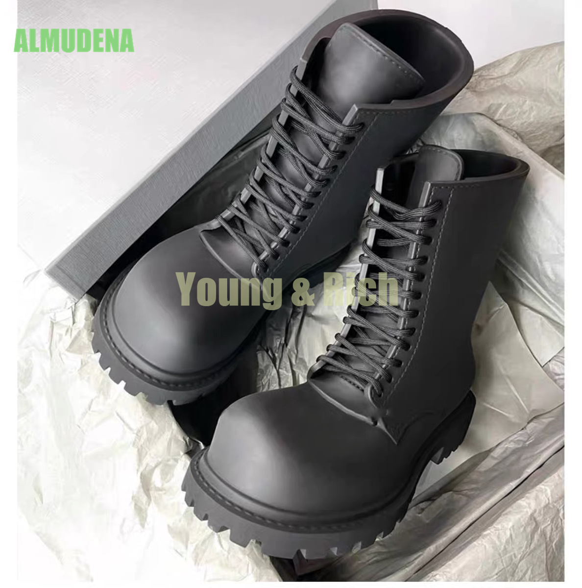 Black Frosted Big Toe Men's Boots Round Toe Thick Heel Wear-Resistant and Height Increasing Thick Soled Boots Botas Mujer