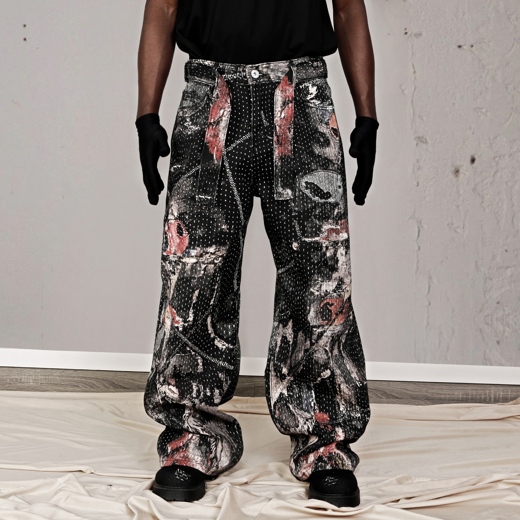 Retro Y2K Streetwear Men's Jeans Flame Skull Pattern Design Gothic Hip-Hop High Street Casual Fashionable Wide Leg pants