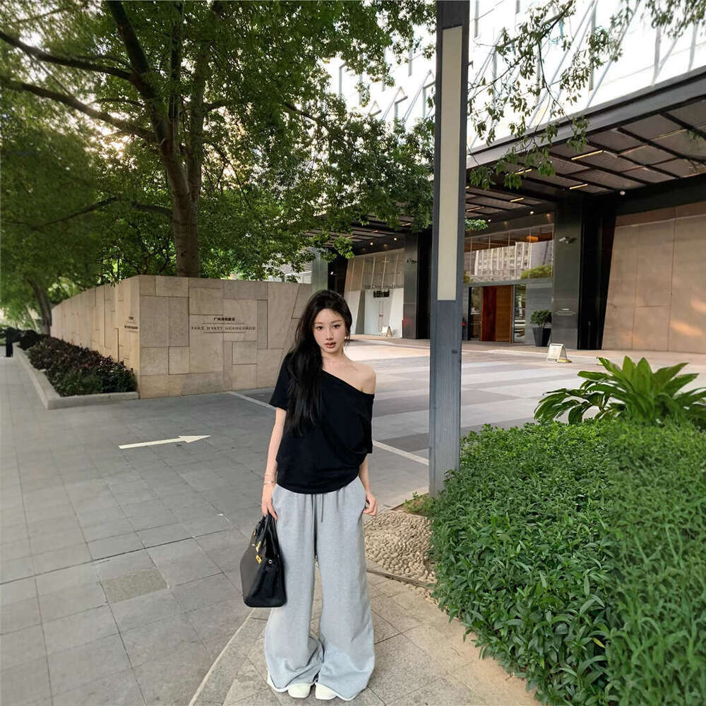 Trendy Asymmetric Shoulder Loose Short Sleeve T-Shirt For Women Summer New Casual Irregular Solid Color Versatile Student Top B5