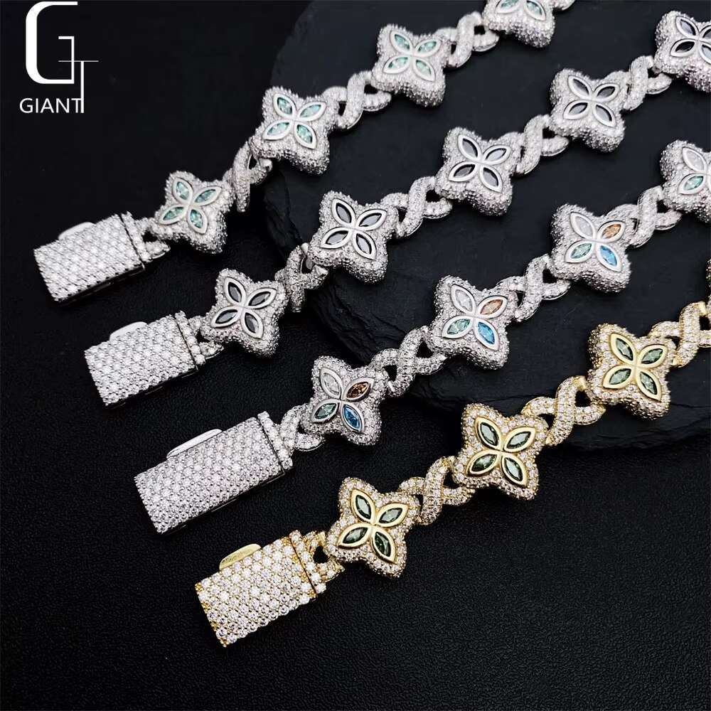 Luxury Colorful Marquise Flower Design 15mm Custom Iced Out Hip Hop Jewelry Cuban Link Chain 925 Silver VVS Moissanite Bracelet