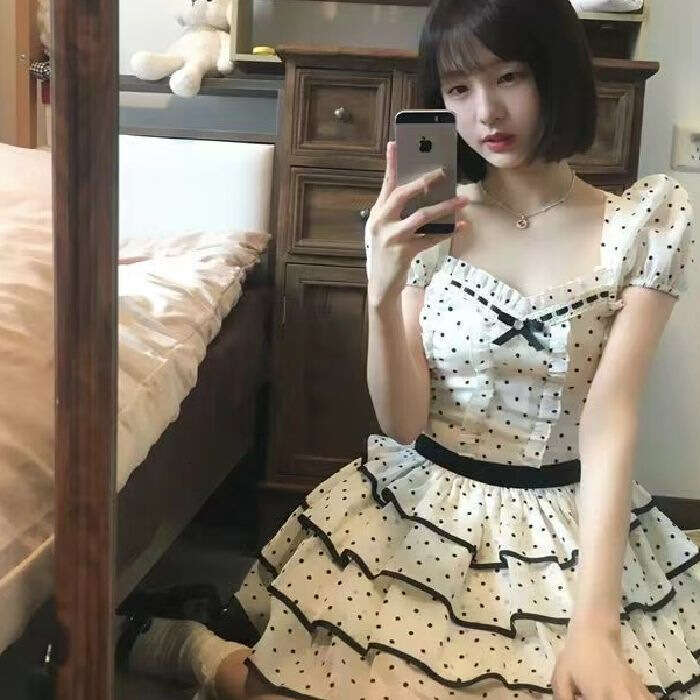 French Style Gentle Sweet Girly Polka Dot For Women Summer High-End Patchwork Waist Slimming Cake Dress B5