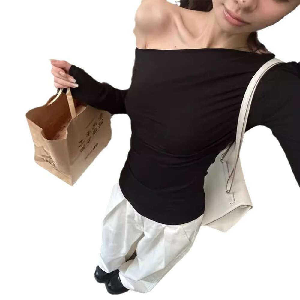 Pure Desire Hot Girl Slim Fit Off-Shoulder Long Sleeve T-Shirt Women's Early Autumn Design Versatile Base Shirt Student Top B5
