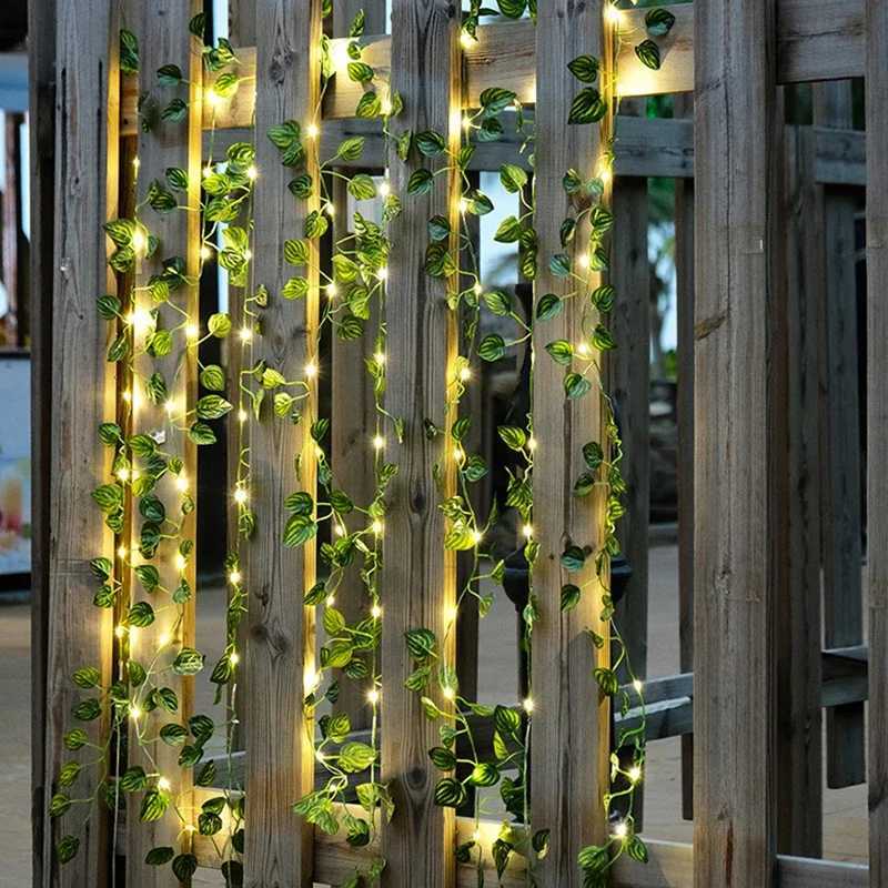 Silk Fake Green Leaf Ivy Vine with LED Lights String for Home Bedroom Decor Wedding Glowing Artificial Plant Garland Decor XJ250710