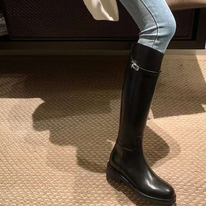 Grape Mom Same Style 2024 Autumn Winter New Long Fashion Thick Sole Round Toe Rhinestone Buckle High Tube Riding Boots for Women