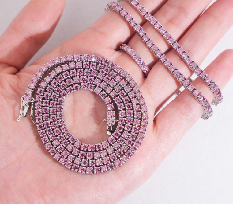 New Arrivals Hip Hop Fashion Jewelry 4mm Pink Moissanite Tennis Chains 925 Sterling Silver Iced Out Tennis Chain & Bracelet