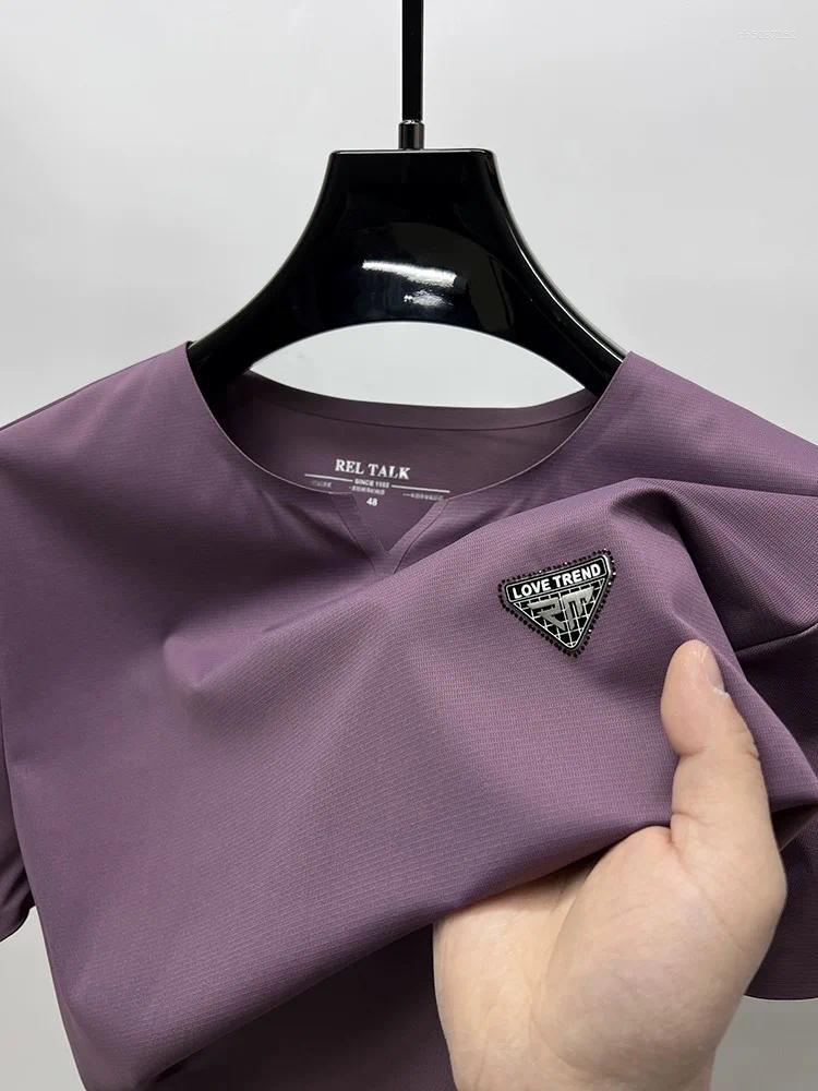 Men's Polos High End Brand Fashion Printed Short Sleeved T-shirt For Men 2025 Summer Trend Ice Silk Hem Slit Casual Comfort Cool Top