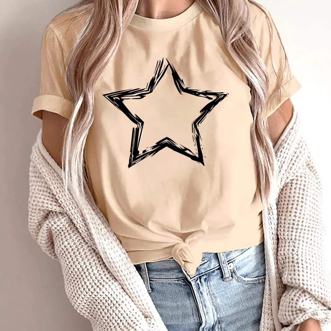 Womens Fashionable Casual T-Shirt Style Drawing Star Printing Round Neck Short Sleeves Polyester Fabric Crossbody Top 250703