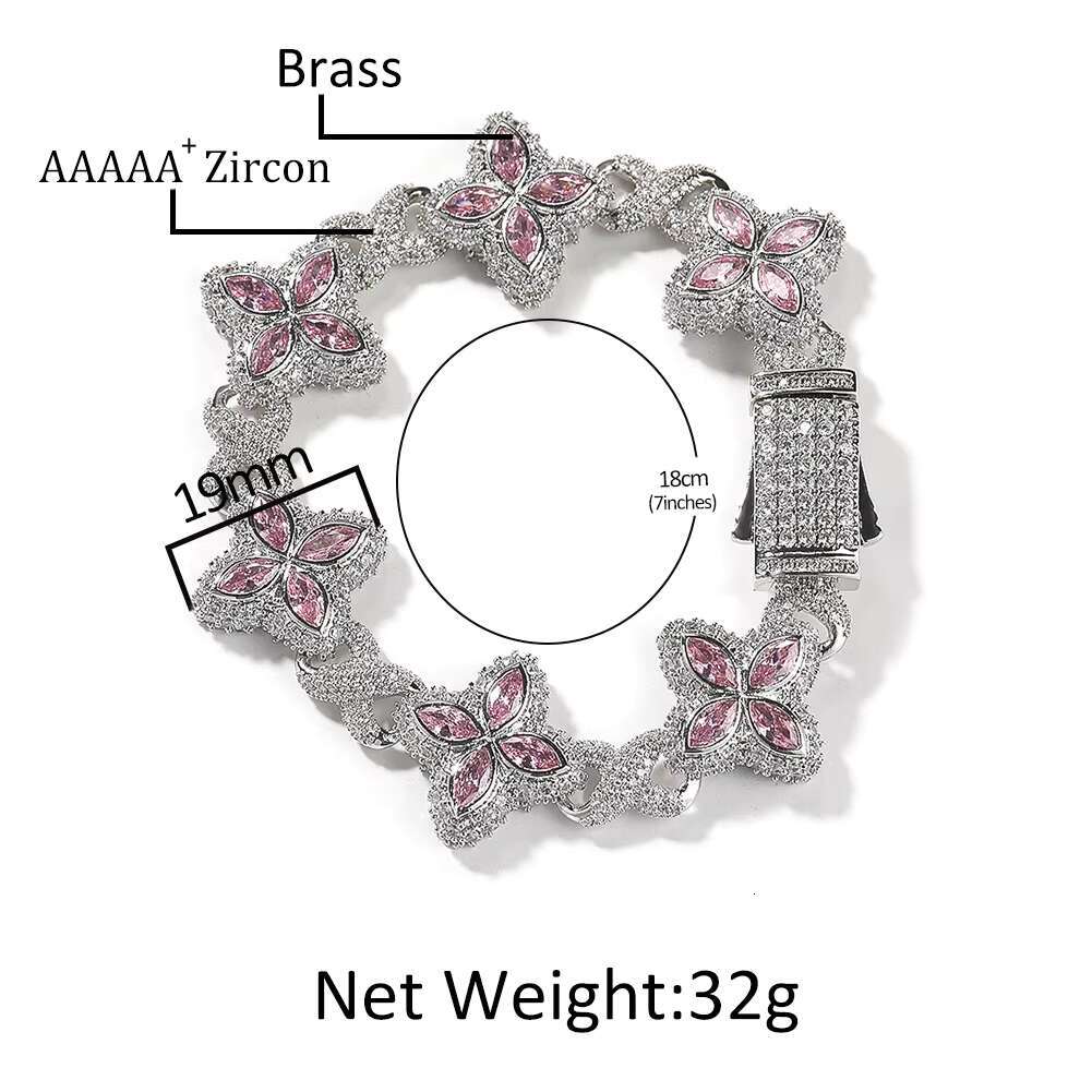 Fashion Hip Hop Jewelry 20mm Rose Gold Brass AAAAAMoissanite Colored Diamond Four Leaf Clover Infinity Link Bracelet