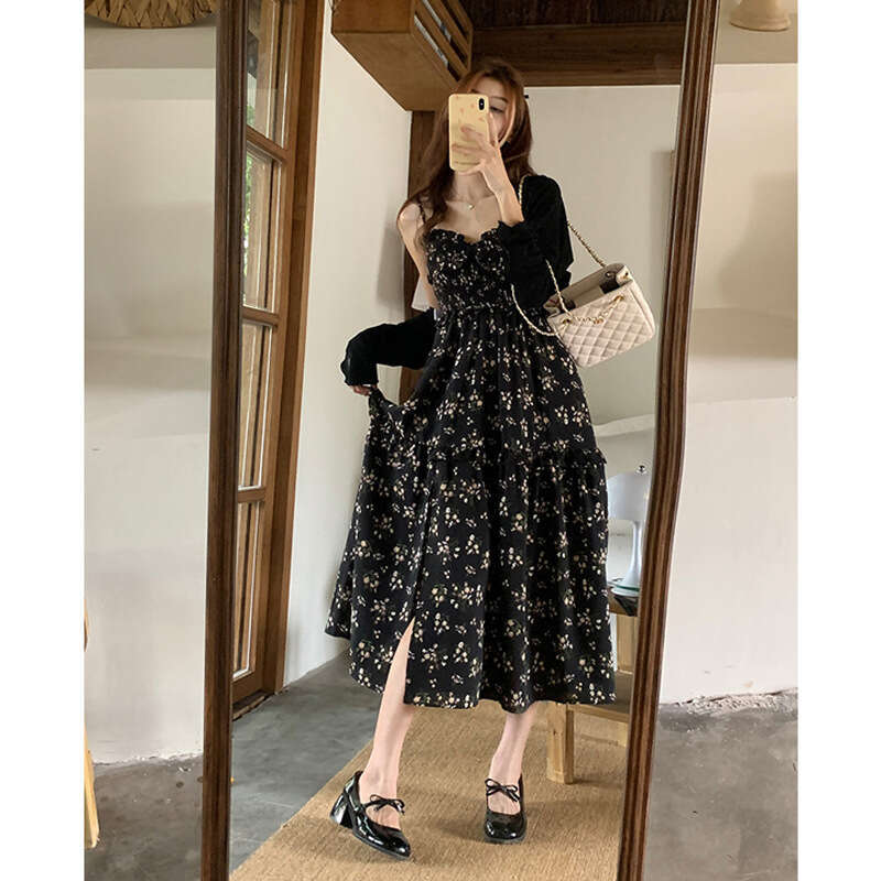 Fresh And Sweet French Style Black Floral Strapless Tube For Women, Summer Waist-Cinching Slimming Mid-Length Dress B5