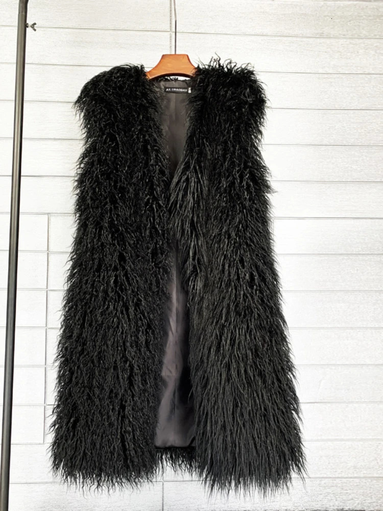 Mongolia Sheep Fur Women Long Vest Colorful Warm Faux Fur High Street Plush Coats Female Jacket Autumn Winter Furry Outerwear 250703